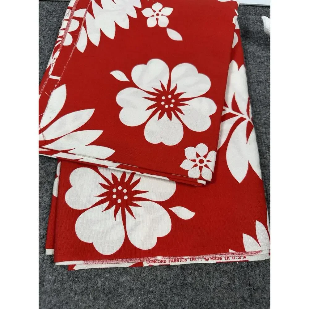 Vintage Concord Fabrics Inc USA Material 65”X45” Red Background White Flower NEW